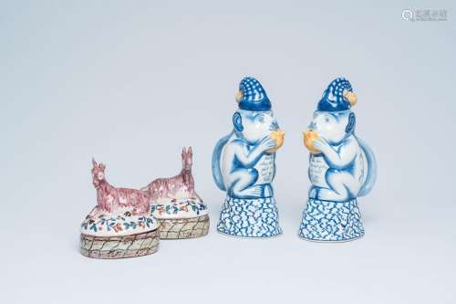 Two polychrome Dutch monkey ewers and two butter tubs with g...