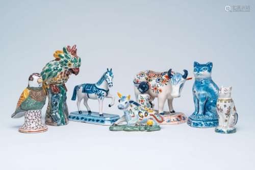 Seven blue, white and polychrome Delft-style animal sculptur...