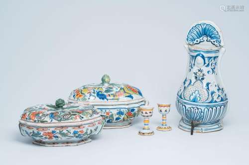 Two polychrome French Rouen faience tureens and covers, a pa...