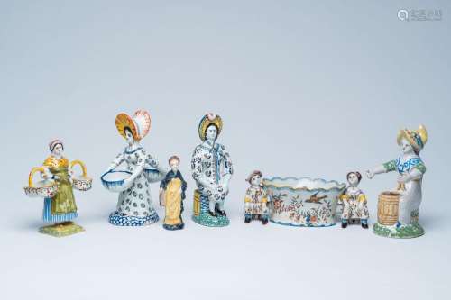 Six polychrome French faience figures, a.o. Desvres, 19th C....