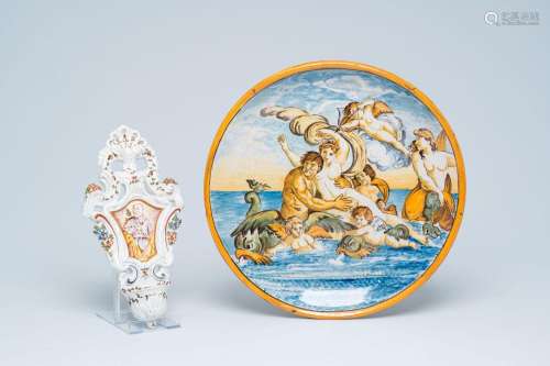 An Italian Nove di Bassano holy water font and a maiolica ta...