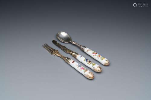 Three polychrome and gilt Meissen porcelain fork, knife and ...