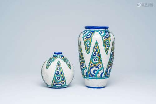 Two Boch Keramis Art Deco crackle glazed vases with polychro...