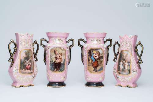 Two pairs of French 'Rose Pompadour' polychrome and gilt Par...