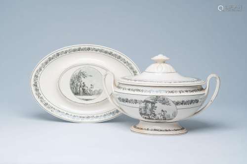 A French faience fine tureen and cover on stand with grape v...