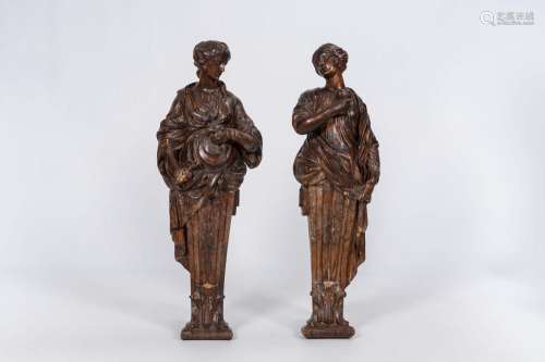 An elegant pair of carved and patinated wood caryatids, 18th...