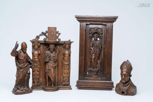 Four various religious wood sculptures, 17th/18th C.<br />
H...