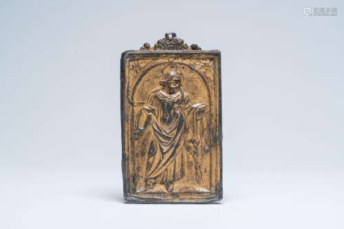 A gilt lead plaque depicting Saint Bartholomew, 17th C.<br /...