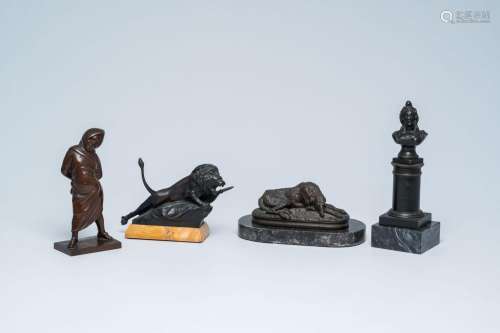 Four various patinated bronze sculptures, 19th/20th C.<br />...