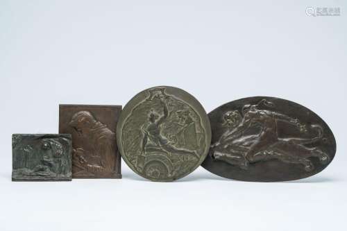 Four patinated bronze plaques and reliefs, mainly Belgian sc...