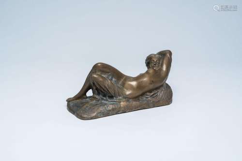 French school, illegibly signed: Reclining nude lady, patina...