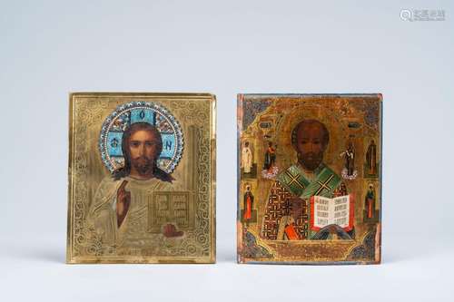 Two orthodox icons, 'Saint Nicholas of Myra' and 'Christ Pan...