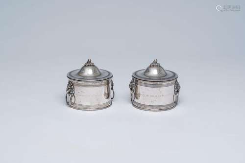 A pair of Italian silver jars and covers with lion heads and...