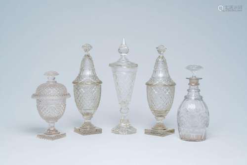 Four cut glass and crystal bonbonnieres and one decanter, a....