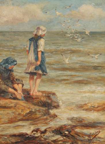 ROBERT JOBLING (1841-1923). GIRLS AND GULLS ON A ROCKY SHORE...