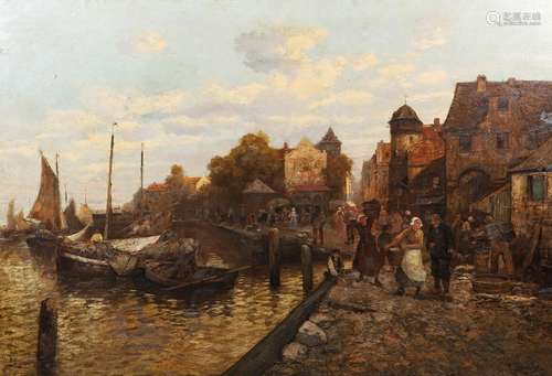 P** DUMAS (CIRCA 1890-1910). DUTCH FISHERFOLK BY A BUSY WATE...