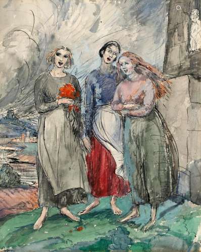 AUGUSTUS JOHN, OM, RA (1878-1961). THREE WOMEN BY A PILLAR. ...