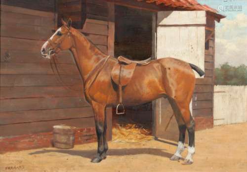 FRANCES MABEL HOLLAMS (1877-1963). BAY HUNTER BY A STABLE. (...