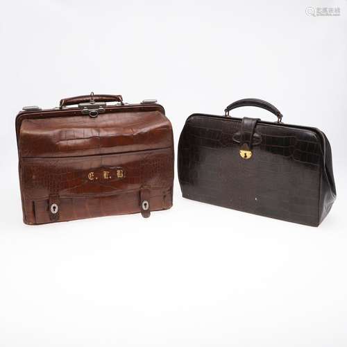 A 19TH CENTURY CROCODILE SKIN GLADSTONE BAG & ANOTHER BA...