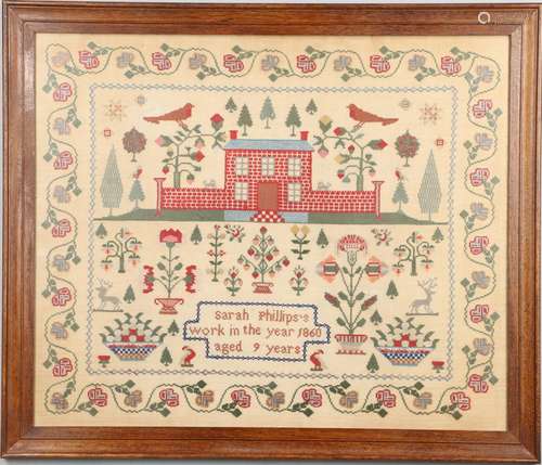 LARGE VICTORIAN SAMPLER - SARAH PHILLIPS, 1860.