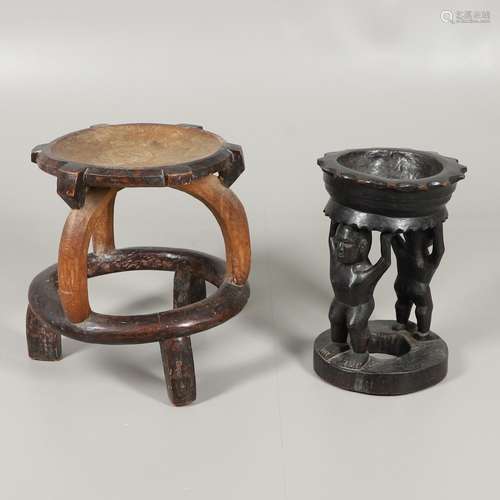 TWO ANTIQUE CARVED TRIBAL STOOLS.