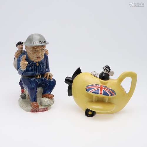 CARLTONWARE AEROPLANE TEAPOT & WINSTON CHURCHILL TOBY JU...