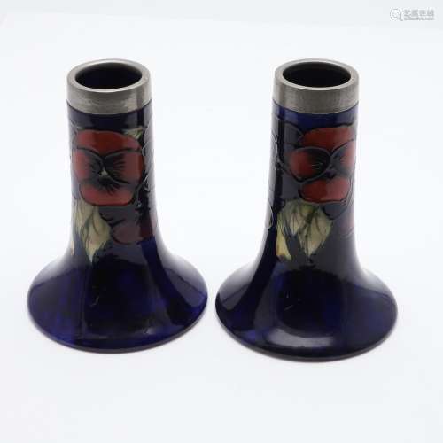 PAIR OF ANTIQUE MOORCROFT VASES & PEWTER MOUNTS.