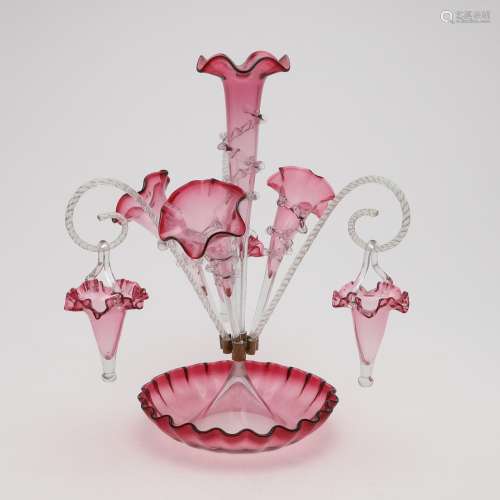 VICTORIAN GLASS CRANBERRY EPERGNE.
