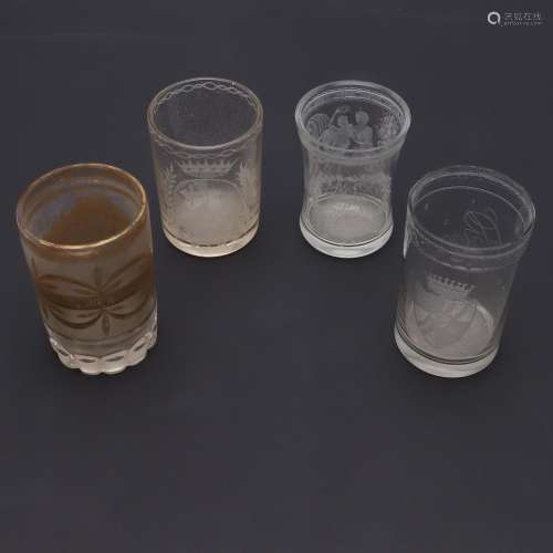 FOUR 19TH CENTURY GERMAN GLASS BEAKERS.