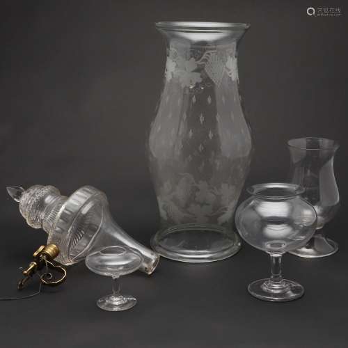 ANTIQUE GLASS ITEMS - INCLUDING LEECH JAR, GAS LAMP, STORM L...