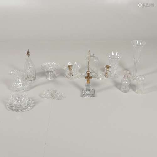ANTIQUE GLASS ITEMS INCLUDING CANDLEABRA, ICE DECANTER &...
