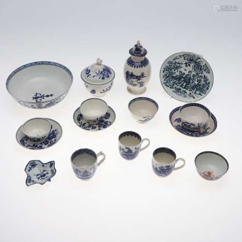 COLLECTION OF 18THC ENGLISH BLUE & WHITE PORCELAIN.