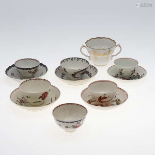 18THC ENGLISH POLYCHROME TEA BOWLS & SAUCERS.