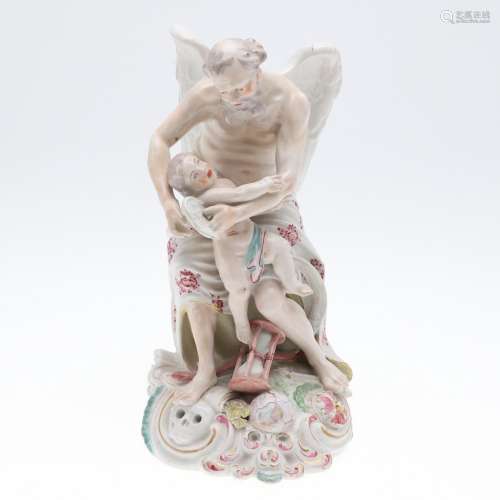 EARLY DERBY PORCELAIN FIGURE - TIME CLIPPING CUPIDS WINGS.