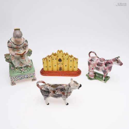 19THC STAFFORDSHIRE FIGURE VILLAGE MAID, COW CREAMER & O...