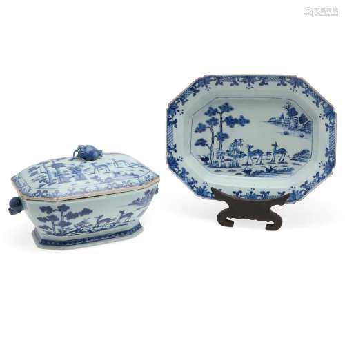 18THC CHINESE BLUE & WHITE PORCELAIN TUREEN, COVER &...