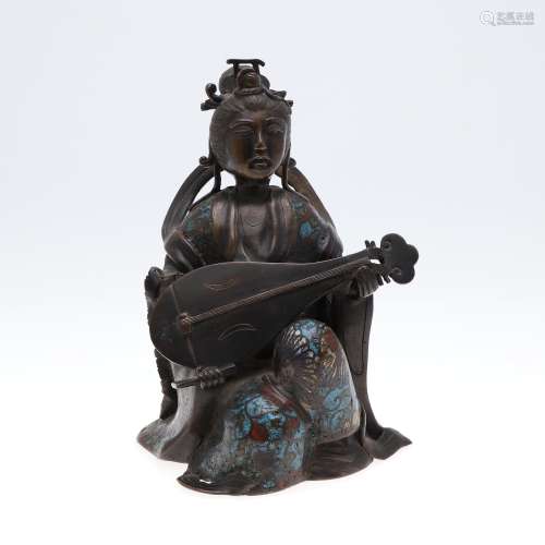 JAPANESE BRONZE & CLOISONNE FIGURE.