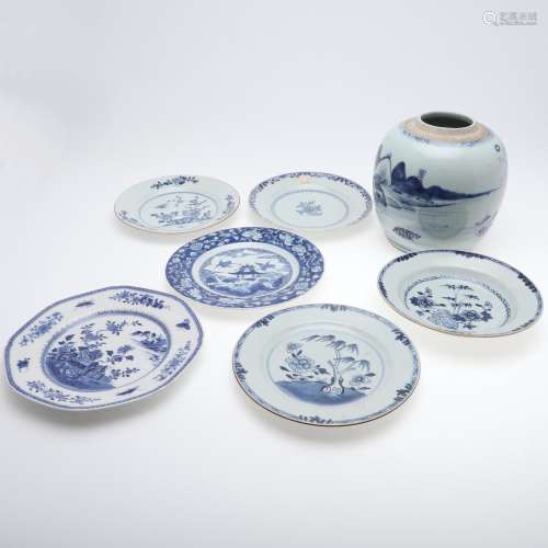 VARIOUS CHINESE PORCELAIN BLUE & WHITE PLATES, BOWL &...