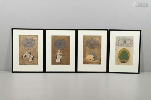 INDIAN INTEREST - THREE UNUSUAL FRAMED PAINTINGS ON COURT FE...