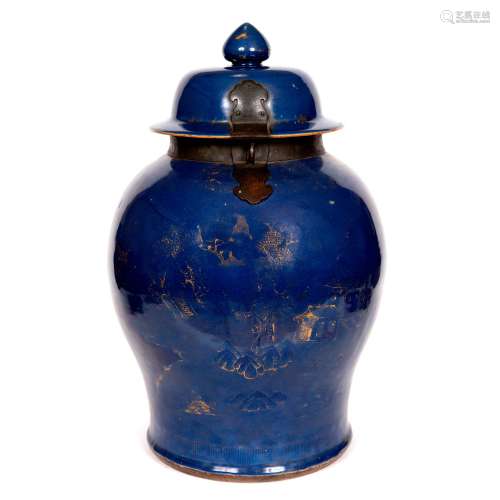 LARGE CHINESE POWDER BLUE & GILT JAR AND COVER - QIANLON...