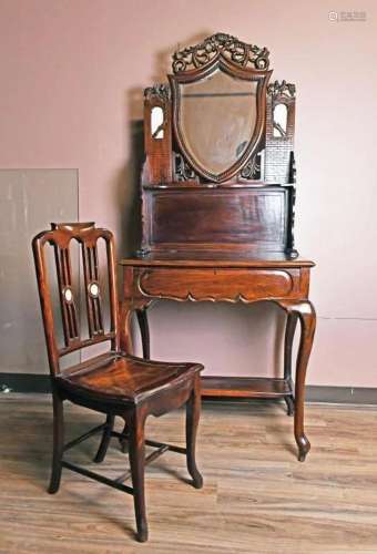 A Suanzhi Dressing Table w/Mirror & Chair 19thC