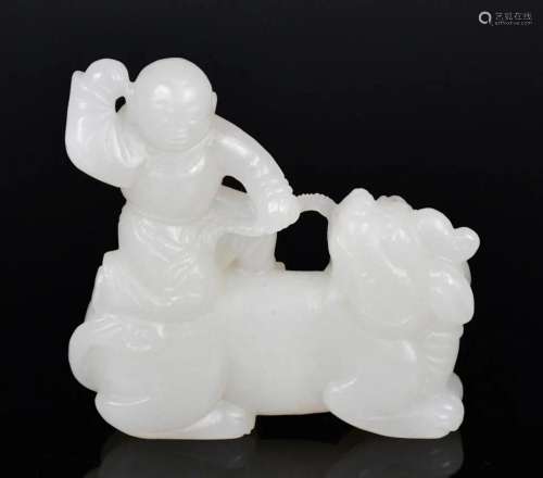 A White Jade Boy & Beast Carving