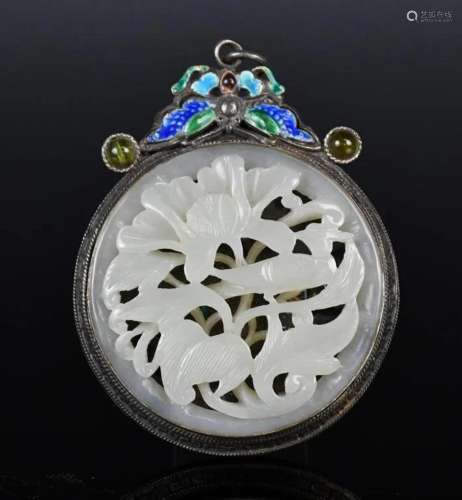 A Silver Enameled Reticulated Jade Pendant