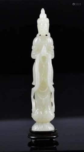 A White Jade Carved Guanyin w/Stand Qing