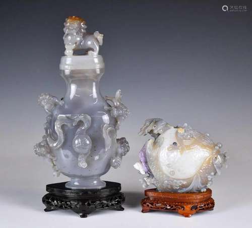 An Agate Covered Vase & Carving w/ Stand 1950-60s