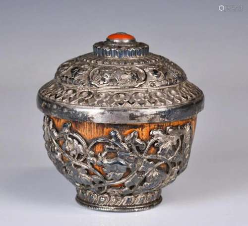 A Silver-Mounted Wood Bowl w/Cover 19thC