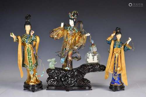 A Group of 3 Gilted-Silver Enamel Statues 1950-60s