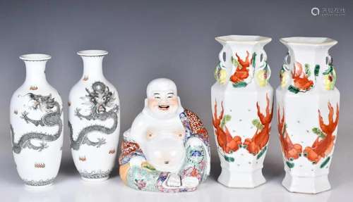 A Famille Rose Laughing Buddha & 2 Pairs of Vases