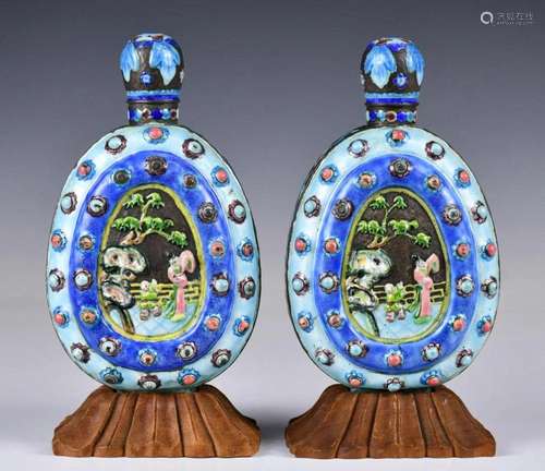 A Pair of Sliver-Enamel Vases w/Stand 19thC