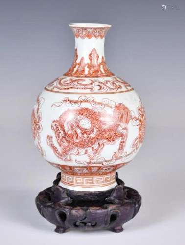 An Iron Red Qilin Vase Qianlong Mk w/Std